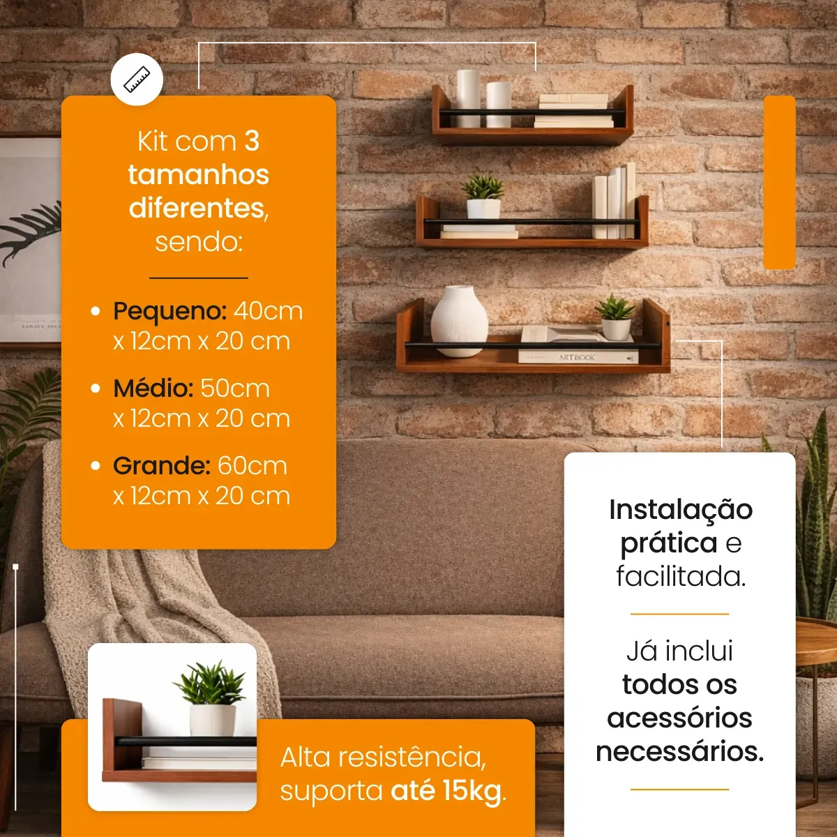 Kit 3 Prateleiras Suspensa U Flutuante Mdf Livro Quarto Sala - Imagem 3