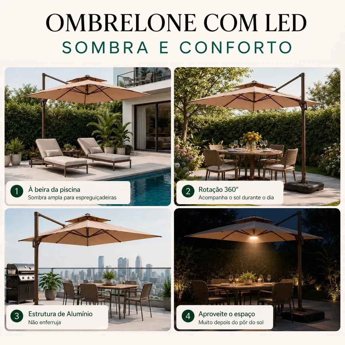Ombrelone Guarda Sol Piscina Jardim Led Aluminio 3m C/ Base - Imagem 6