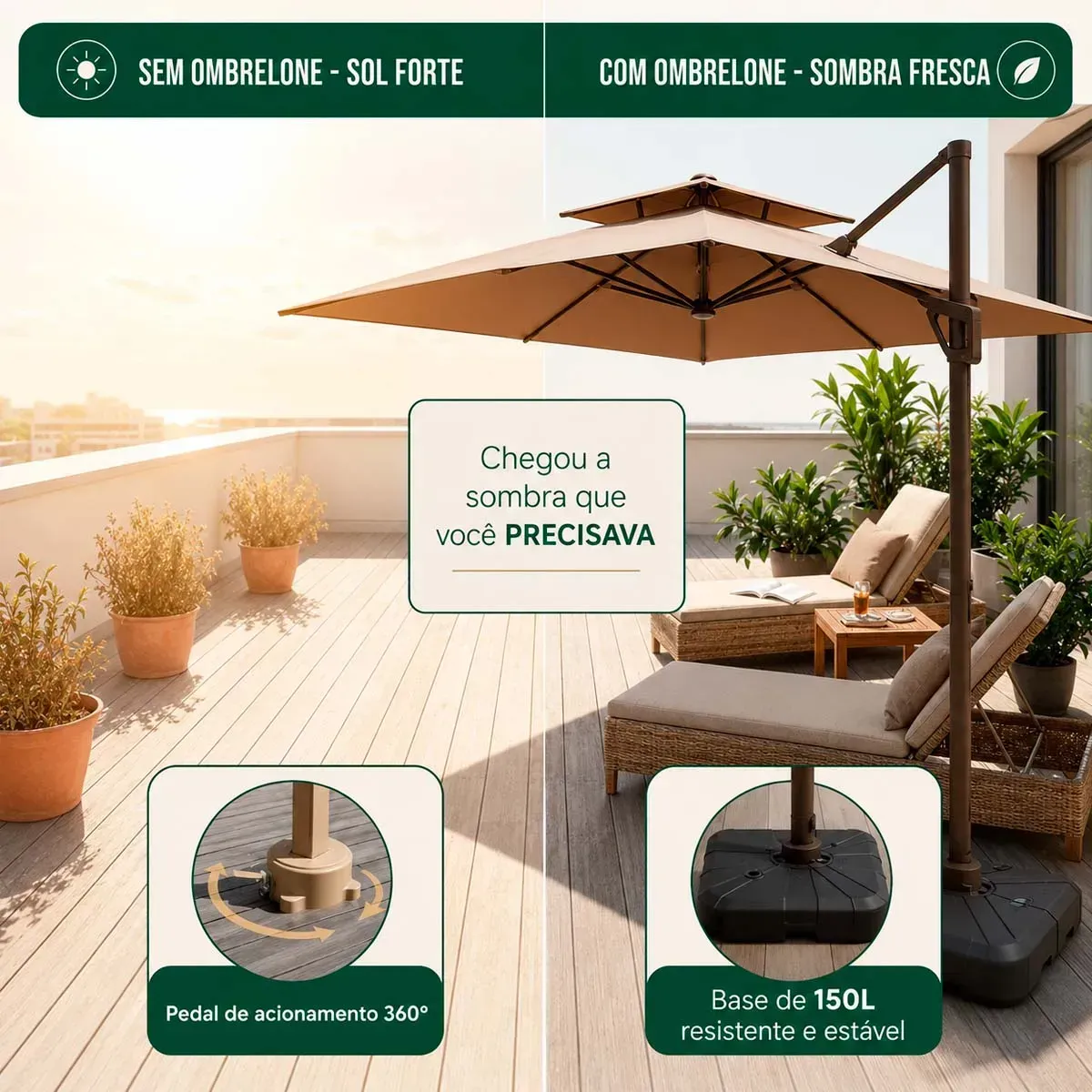 Ombrelone Guarda Sol Piscina Jardim Led Aluminio 3m C/ Base - Imagem 5