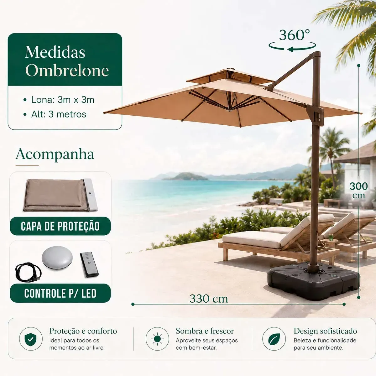 Ombrelone Guarda Sol Piscina Jardim Led Aluminio 3m C/ Base - Imagem 4