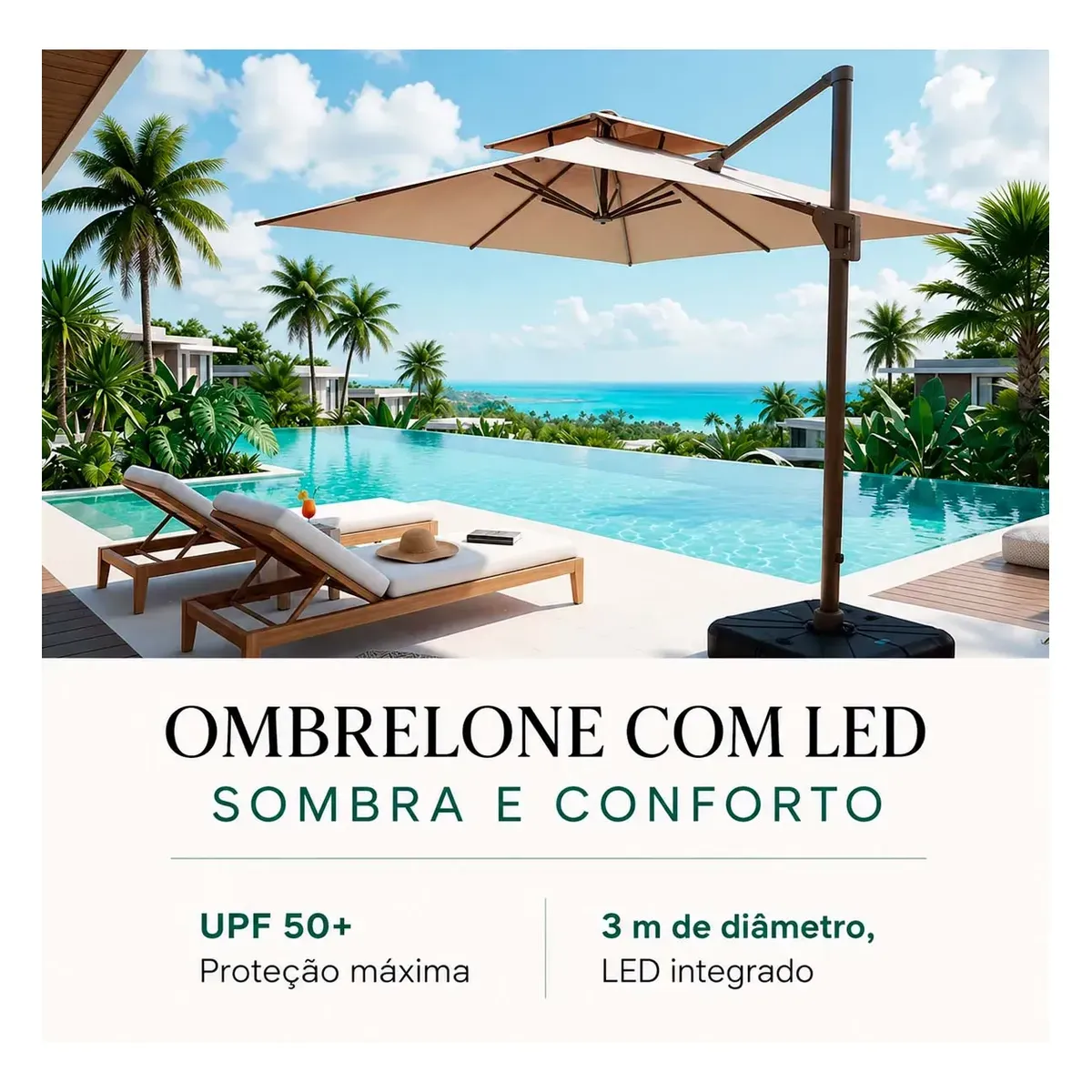 Ombrelone Guarda Sol Piscina Jardim Led Aluminio 3m C/ Base - Imagem 3