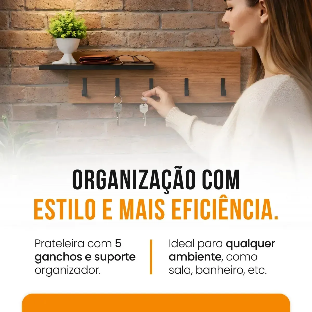 Porta-chaves de Parede com Prateleira de MDF Freijó Decorativo e Organizador - Imagem 2