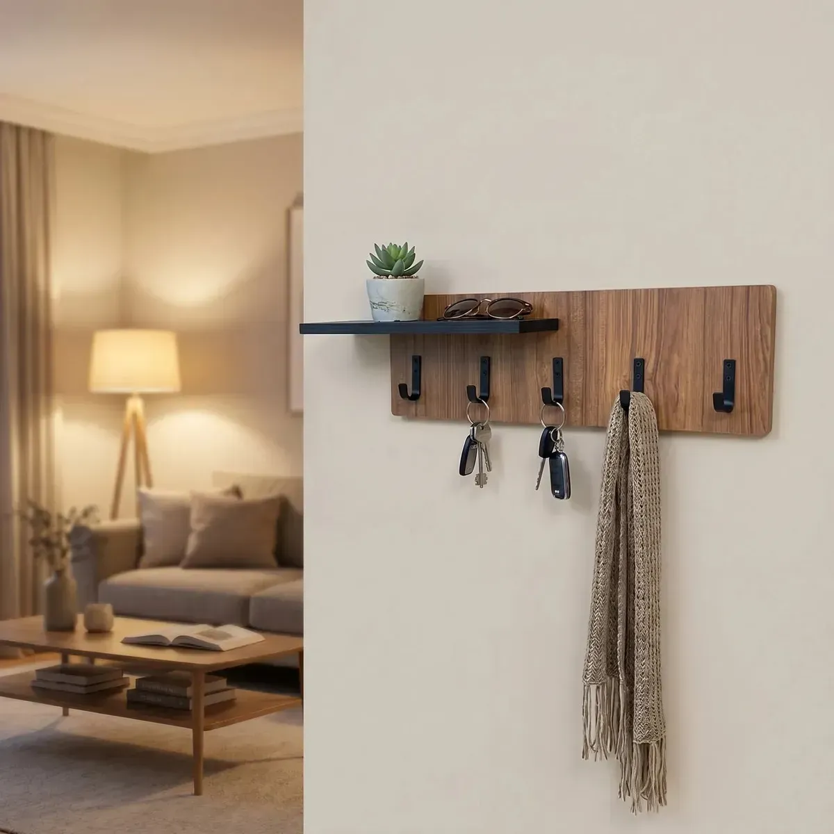 Porta-chaves de Parede com Prateleira de MDF Freijó Decorativo e Organizador - Imagem 3
