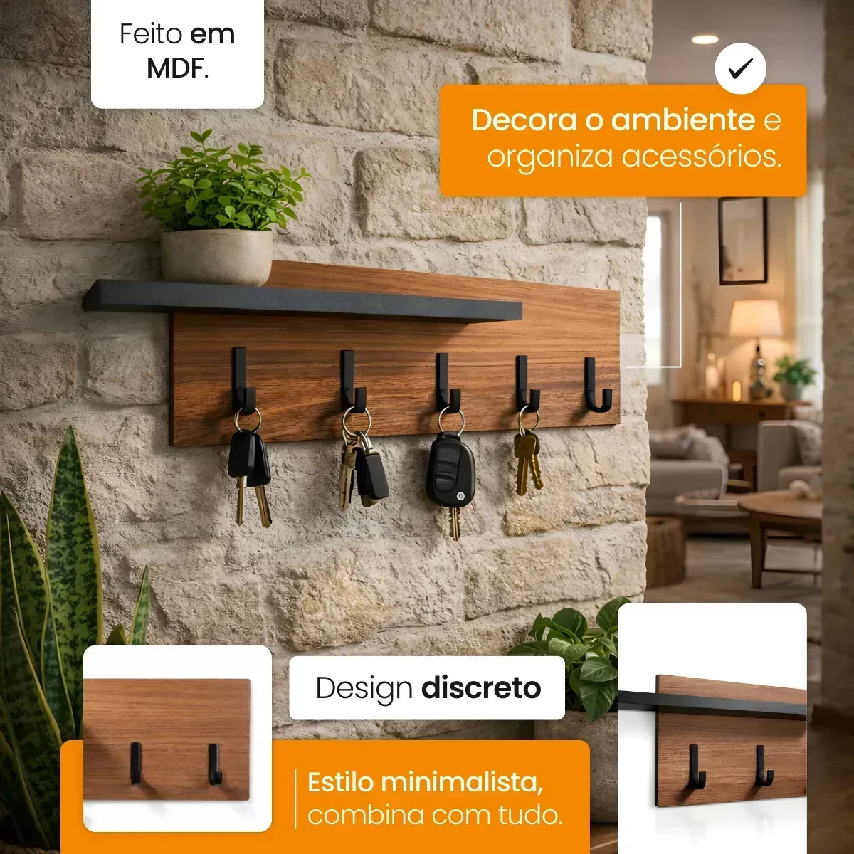 Porta-chaves de Parede com Prateleira de MDF Freijó Decorativo e Organizador - Imagem 4