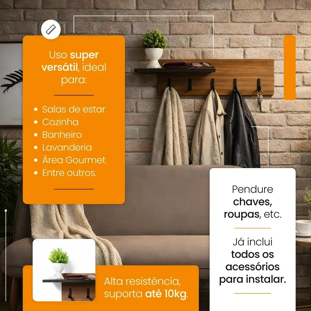 Porta-chaves de Parede com Prateleira de MDF Freijó Decorativo e Organizador - Imagem 6