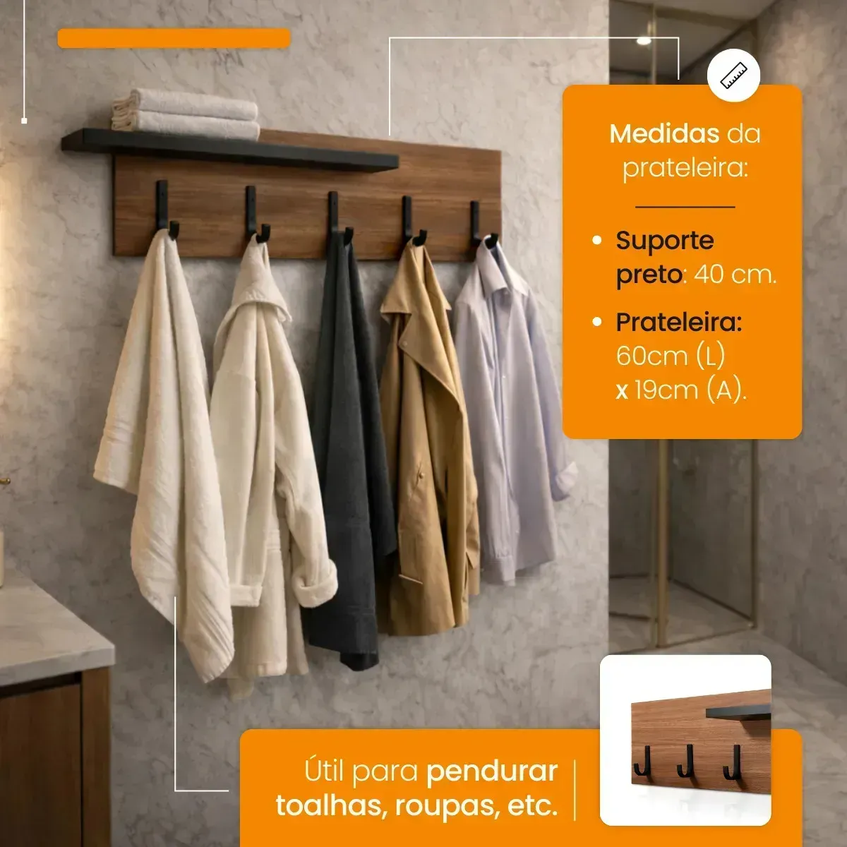 Porta-chaves de Parede com Prateleira de MDF Freijó Decorativo e Organizador - Imagem 7